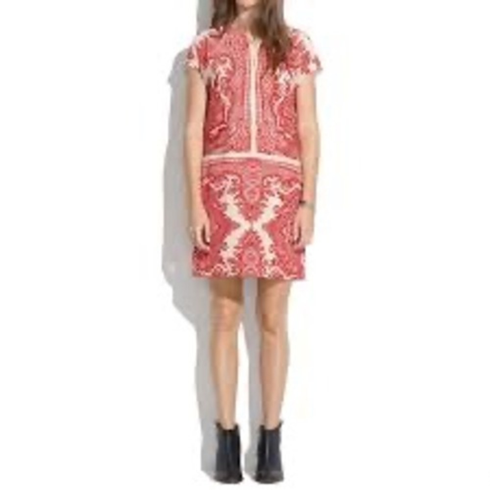 Madewell Red Cream Paisley Silk V-Neck Shift Dress A1055 XS
